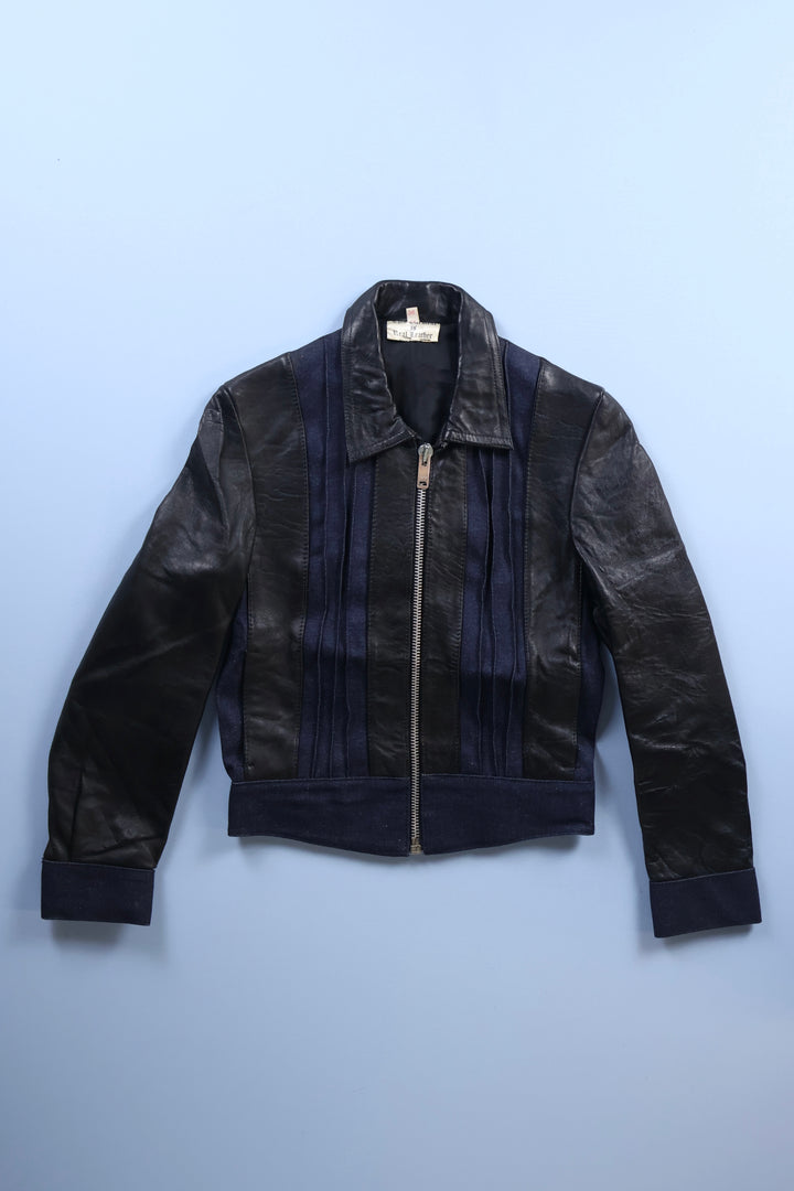 Vintage Leather Bomber Jacket with Denim panels