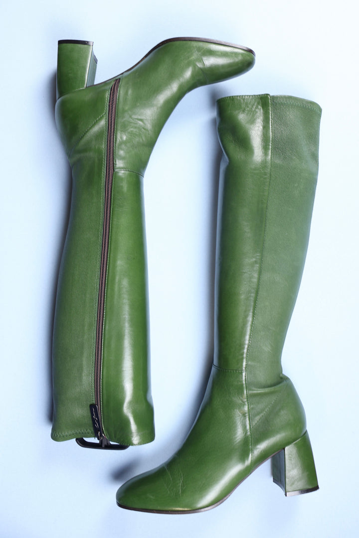 Vintage Carl Scarpa Green Leather Knee High Boots