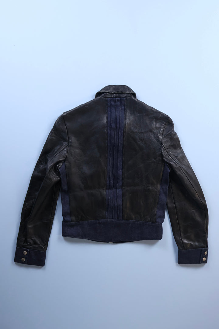 Vintage Leather Bomber Jacket with Denim panels